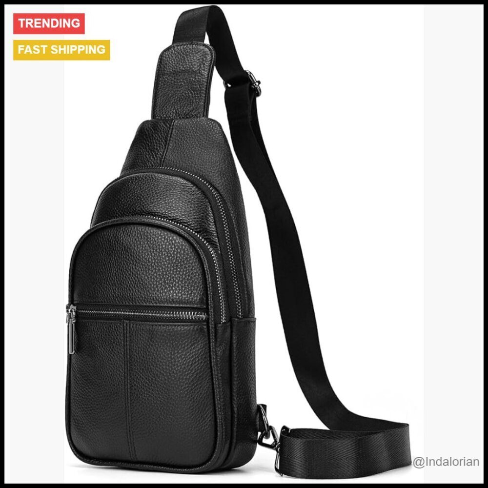 Genuine Leather Sling Bag Multi-pocket Chest Strap Hiking Travel Daypack
